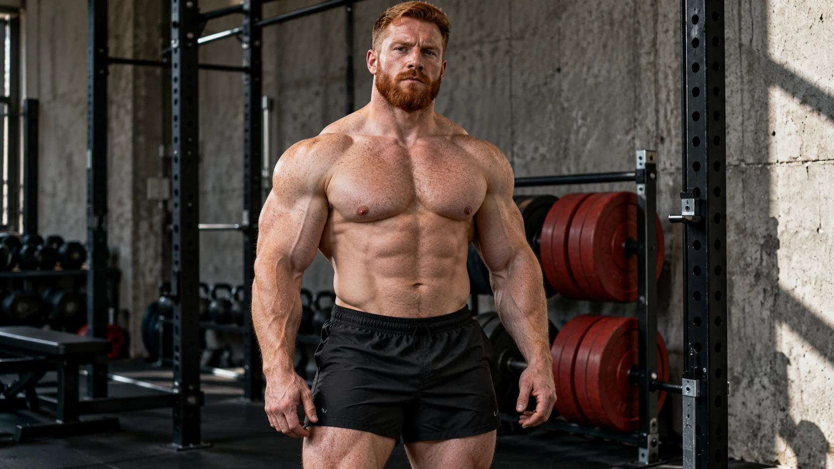 Fictional adult male bodybuilder in a gym, an original fitness illustration for Shred Dispatch